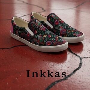 Inkkas Rooster Floral Slip On Sneakers Mens 11 Womens 13 Black Pink Low Top Shoe